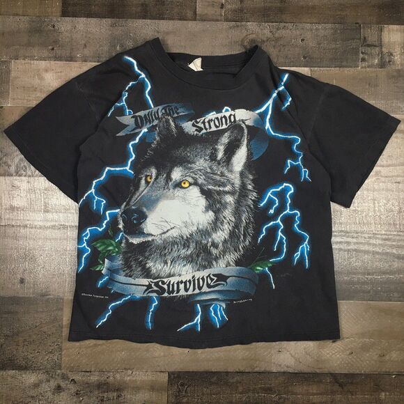 Vintage American Thunder Wolf Only the Strong Survive T Shirt Distressed AOP Tee - Picture 3 of 16